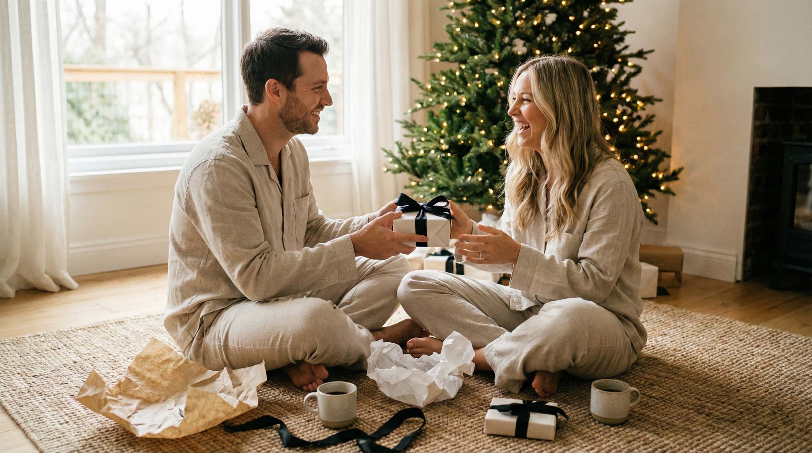 Husband gifting jewelry to his wife by the Christmas tree